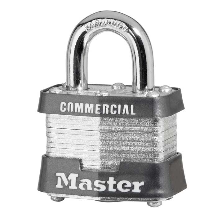 Master Lock Laminated Steel Padlock, Non-Rekeyable, Keyed Different, Body Width: 1-9/16" (40mm), Shackle Length: 3/4" (19mm), Shackle Width: 5/8" (16mm), Shackle Diameter: 9/32" (7mm), Gray