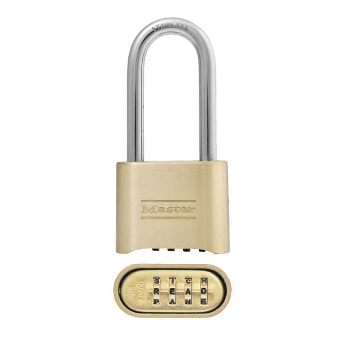 Master Lock Combination Brass Padlock Resettable, Body Width: 2" (51mm), Shackle Length: 2-1/4" (57mm), Shackle Width: 1" (25mm), Shackle Diameter: 5/16" (8mm)-175DLHWD