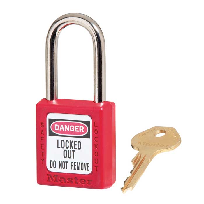 Master Lock Zenex Safety Padlock Thermoplastic, Keyed Different, Body Width: 1-1/2" (38mm), Shackle Length: 1-1/2" (38mm), Shackle Width: 25/32" (20mm), Shackle Diameter: 1/4" (6mm), Red