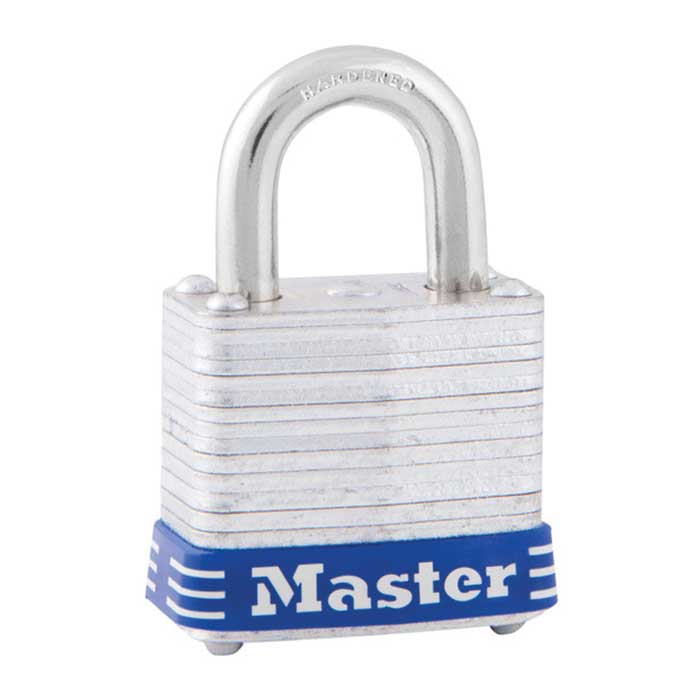 Master Lock Laminated Steel Padlock, Keyed Different, Body Width: 1-1/8" (29mm), Shackle Length: 9/16" (14mm), Shackle Width: 1/2" (13mm), Shackle Diameter: 3/16" (5mm)