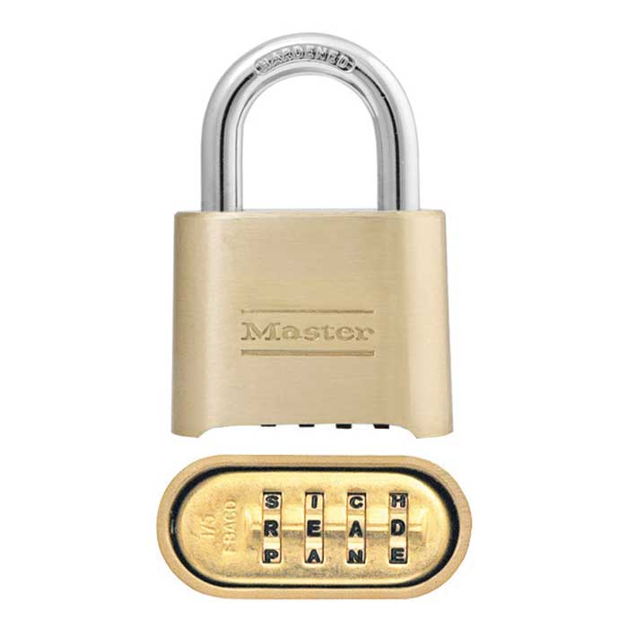 Master Lock Combination Brass Padlock Resettable Word, Body Width: 2" (51mm), Shackle Length: 1" (25mm), Shackle Width: 1" (25mm), Shackle Diameter: 5/16" (8mm)